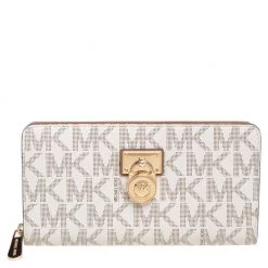 Michael Kors Beige Coated Canvas Hamilton Zip Around Wallet For Women