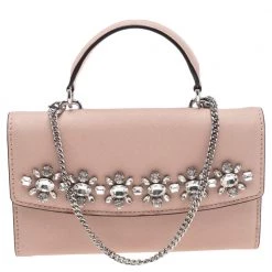 Michael Kors Pink Leather Crystal Embellished Ava Wallet On Chain For Women