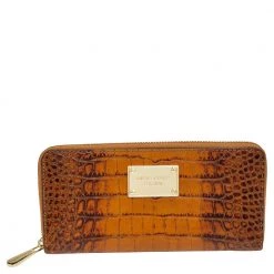 Michael Kors Brown Croc Embossed Leather Zip Around Wallet For Women