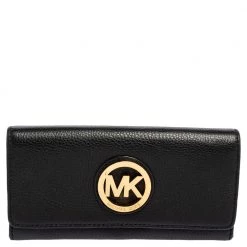 Michael Kors Black Grained Leather Fulton Flap Continental Wallet For Women