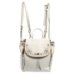 Michael Kors White Leather Floral Embellished Backpack For Women