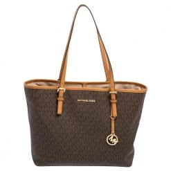 Michael Kors Brown Signature Coated Canvas And Leather Medium Jet Set Tote For Women