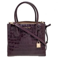 Michael Kors Burgundy Croc Embossed Leather Mini Mercer Tote For Women