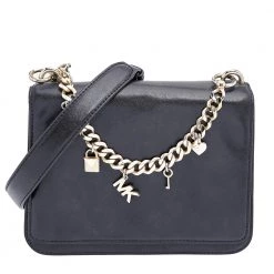 Michael Kors Black Leather Mott Logo Charm Swag Shoulder Bag For Women