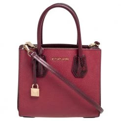 Michael Kors Burgundy Leather And Snakeskin Embossed Leather Small Mercer Tote For Women