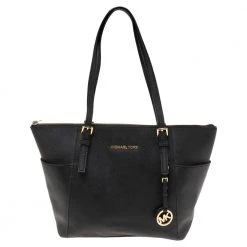 MICHAEL Michael Kors Black Saffiano Leather Medium Jet Set Top Zip Tote For Women