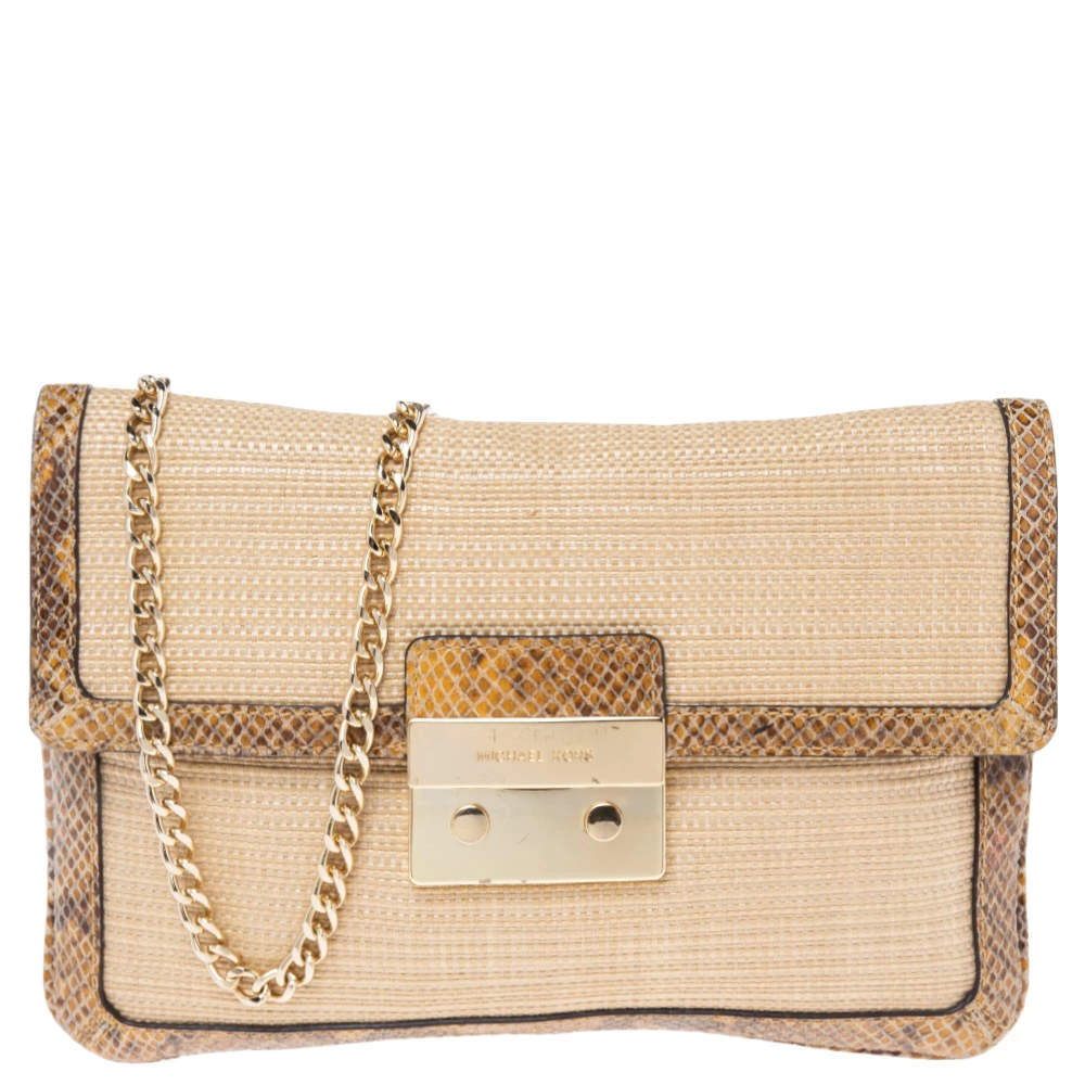 Michael Kors Cream Raffia And Python Embossed Leather Sloan Shoulder Bag For Women