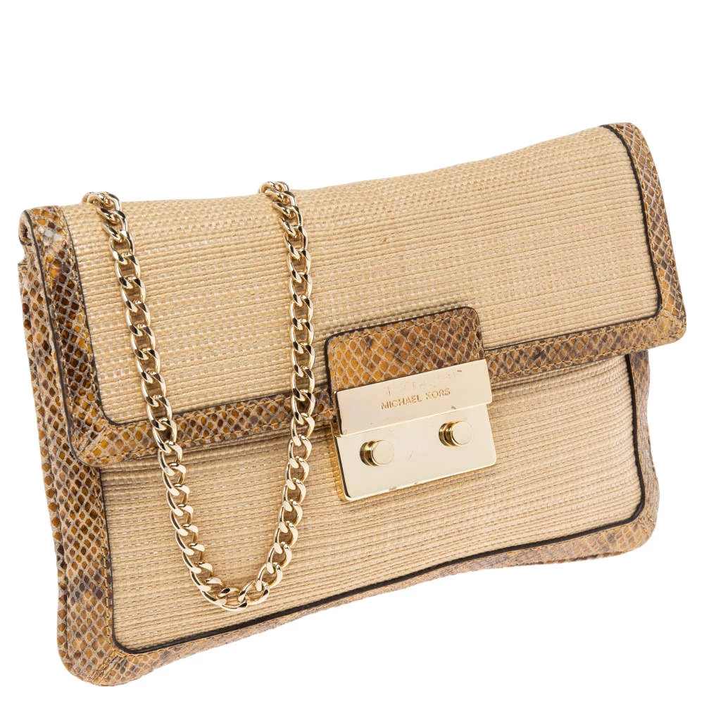 Michael Kors Cream Raffia And Python Embossed Leather Sloan Shoulder Bag For Women - Image 3