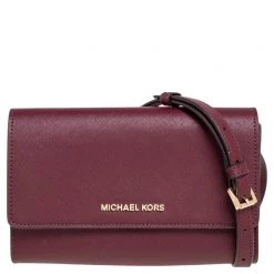 Michael Kors Burgundy Saffiano Leather Jet Set Travel Wallet On Chain For Women