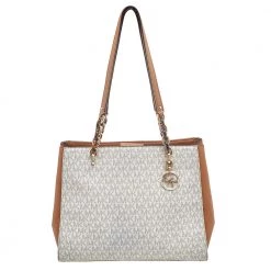 Michael Kors White/Brown Signature Coated Canvas And Leather Sofia Tote For Women