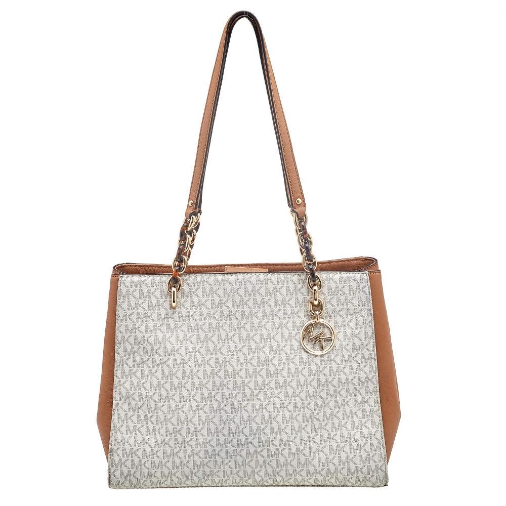 Michael Kors White/Brown Signature Coated Canvas And Leather Sofia Tote For Women