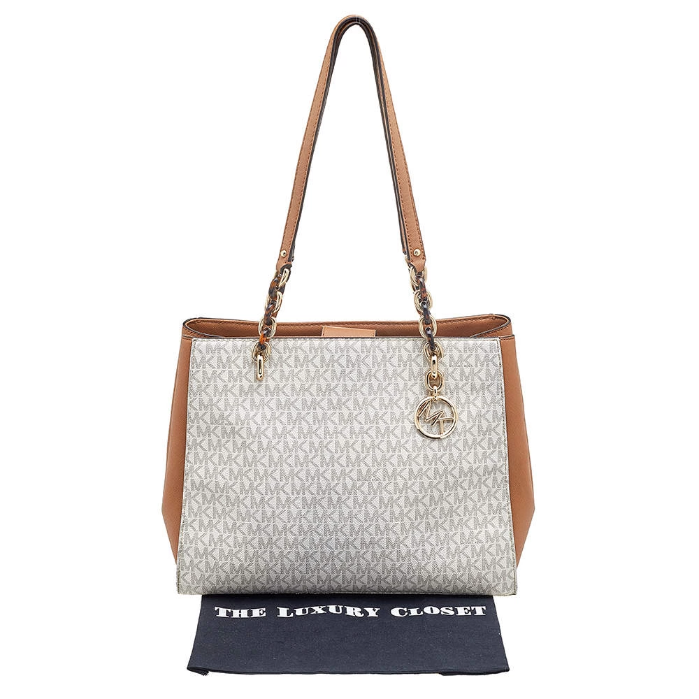 Michael Kors White/Brown Signature Coated Canvas And Leather Sofia Tote For Women - Image 9