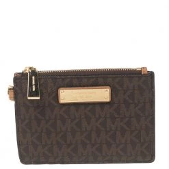 Michael Kors Brown Signature Coated Canvas And Leather Logo Zip Coin Purse For Women