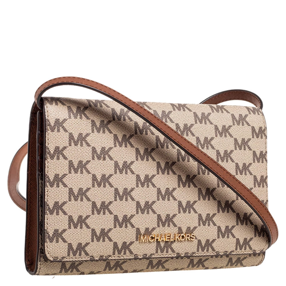 Michael Kors Beige/Brown Signature Coated Canvas And Leather Flap Clutch Bag For Women - Image 3