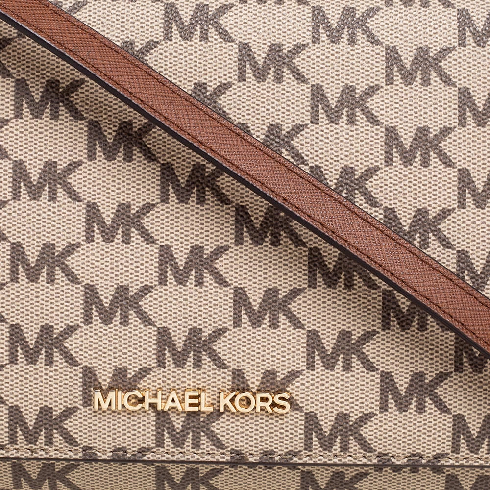 Michael Kors Beige/Brown Signature Coated Canvas And Leather Flap Clutch Bag For Women - Image 5