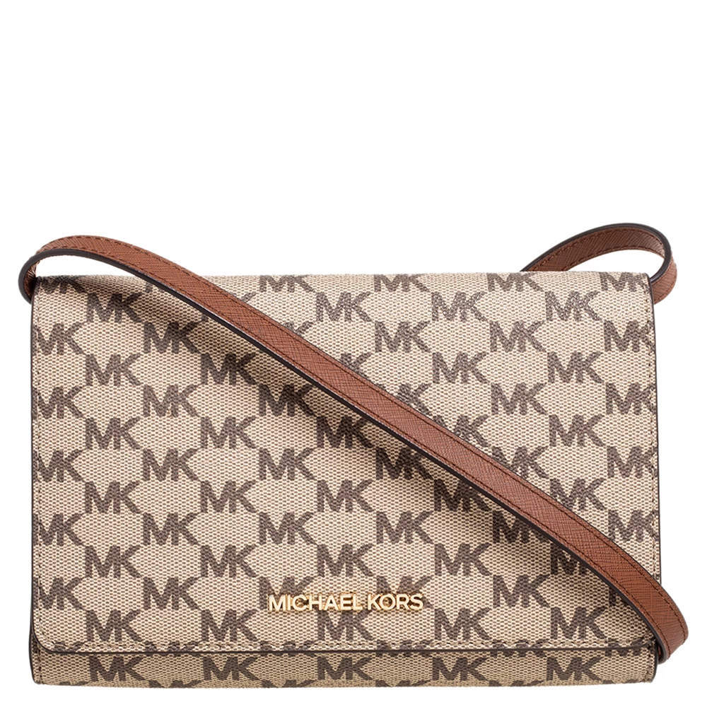 Michael Kors Beige/Brown Signature Coated Canvas And Leather Flap Clutch Bag For Women