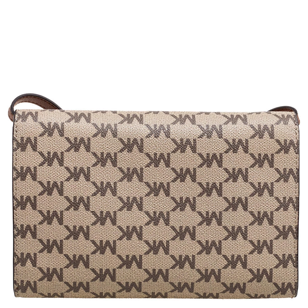 Michael Kors Beige/Brown Signature Coated Canvas And Leather Flap Clutch Bag For Women - Image 4