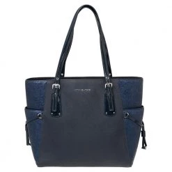 Michael Kors Blue Metallic And Saffiano Leather Voyager Tote For Women