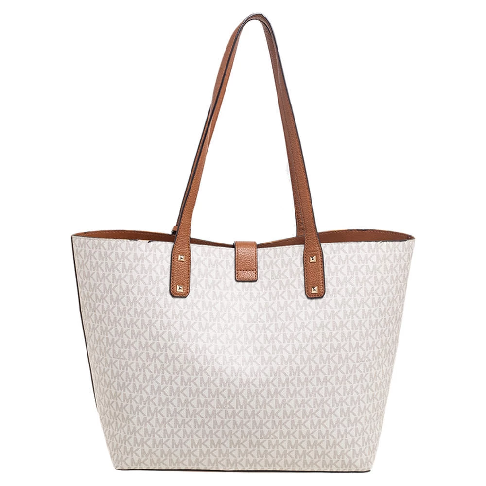 Michael Kors White/Brown Signature Coated Canvas And Leather Shopper Tote For Women - Image 4