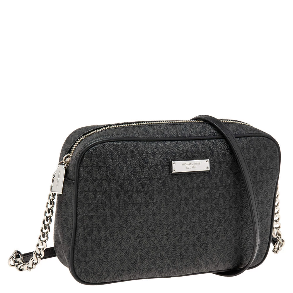 Michael Kors Grey/Black Signature Coated Canvas Jet Set Travel Crossbody Bag For Women - Image 3