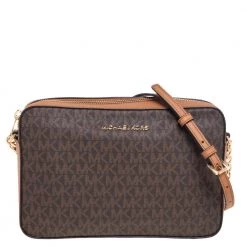 Michael Kors Brown Leather And Coated Canvas Ginny Monogram Shoulder Bag For Women