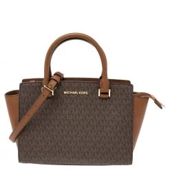 Michael Kors Brown Coated Canvas And Leather Medium Selma Satchel For Women