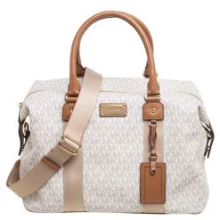 Michael Kors White/Brown Signature Coated Canvas And Leather Duffel Bag For Women
