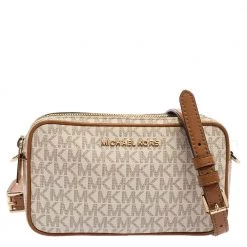 Michael Kors White/Brown Leather And Signature Coated Canvas Jet Set Shoulder Bag For Women