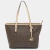 Michael Kors Beige/Brown Signature Coated Canvas And Leather Medium Jet Set Tote For Women