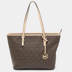 Michael Kors Beige/Brown Signature Coated Canvas And Leather Medium Jet Set Tote For Women