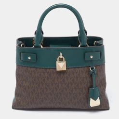 Michael Kors Brown/Green Signature Coated Canvas And Leather Gramercy Tote For Women