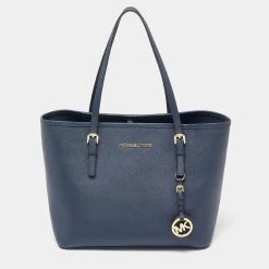 Michael Kors Navy Blue Leather Small Jet Set Travel Tote For Women