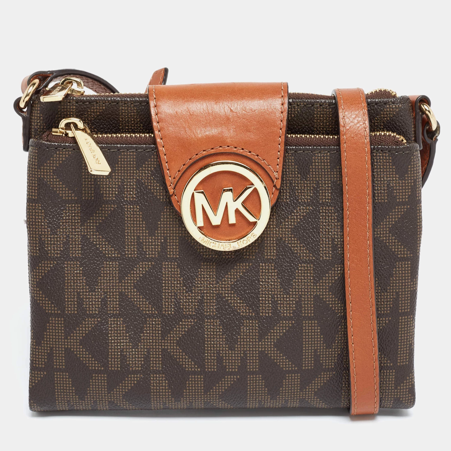 Michael Kors Brown Signature Coated Canvas And Leather Fulton Crossbody Bag For Women