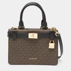 Michael Kors Brown/Black Signature Coated Canvas And Leather Mini Tatiana Tote For Women