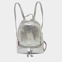 Michael Kors Metallic Silver Python Embossed Leather Small Rhea Backpack For Women