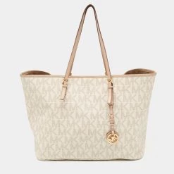 Michael Kors Off White Signature Coated Canvas And Leather Travel Tote For Women