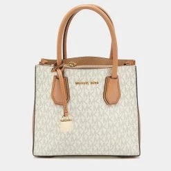 Michael Kors Light Brown/White Signature Coated Canvas And Leather Mini Mercer Tote For Women