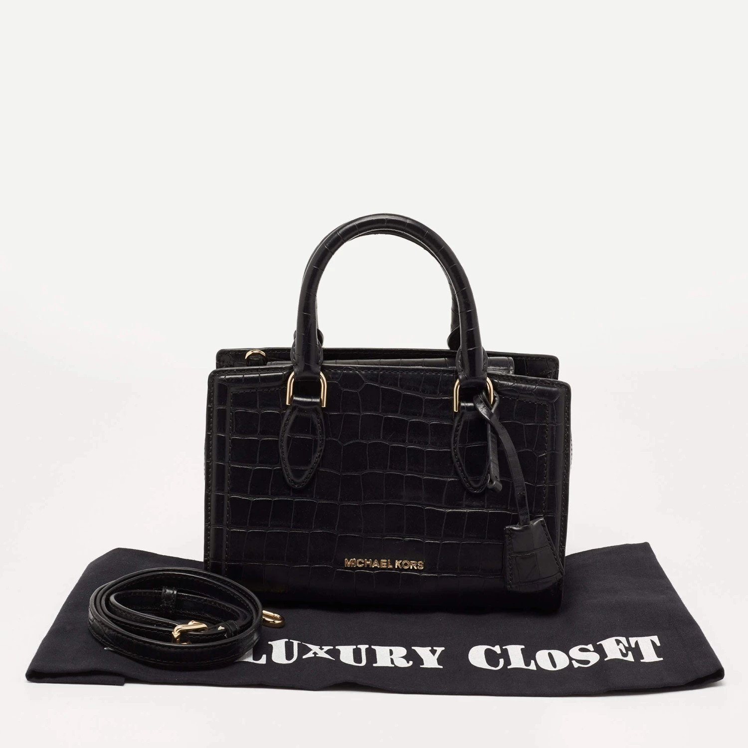 Michael Kors Black Croc Embossed Leather Satchel For Women - Image 9
