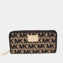 Michael Kors Beige/Black Signature Canvas And Leather Trim Zip Around Wallet For Women