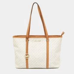 Michael Kors Brown/Off White Monogram Coated Canvas And Leather Large Sady Tote For Women