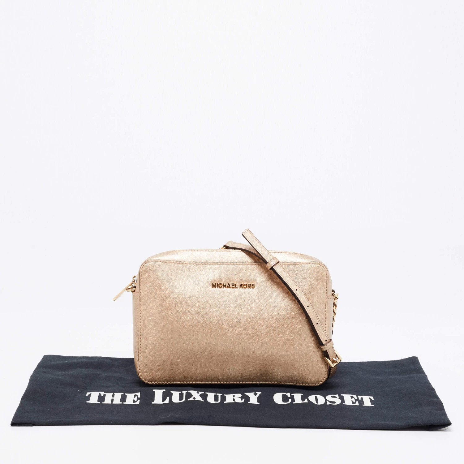 Michael Kors Metallic Gold Leather Jet Set Camera Crossbody Bag For Women - Image 9