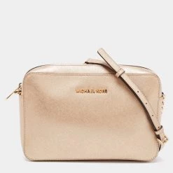 Michael Kors Metallic Gold Leather Jet Set Camera Crossbody Bag For Women