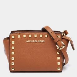 Michael Kors Dark Brown Studded Leather Selma Crossbody Bag For Women