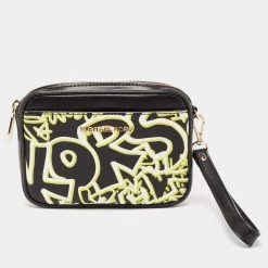 Michael Kors Black Graffiti Print Coated Canvas And Leather Belt Wristlet Clutch For Women