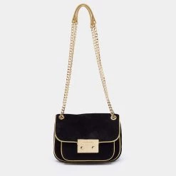 Michael Kors Black/Gold Suede And Leather Small Sloan Shoulder Bag For Women