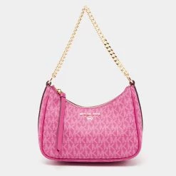 Michael Kors Pink Signature Coated Canvas And Leather Charm Pochette Bag For Women