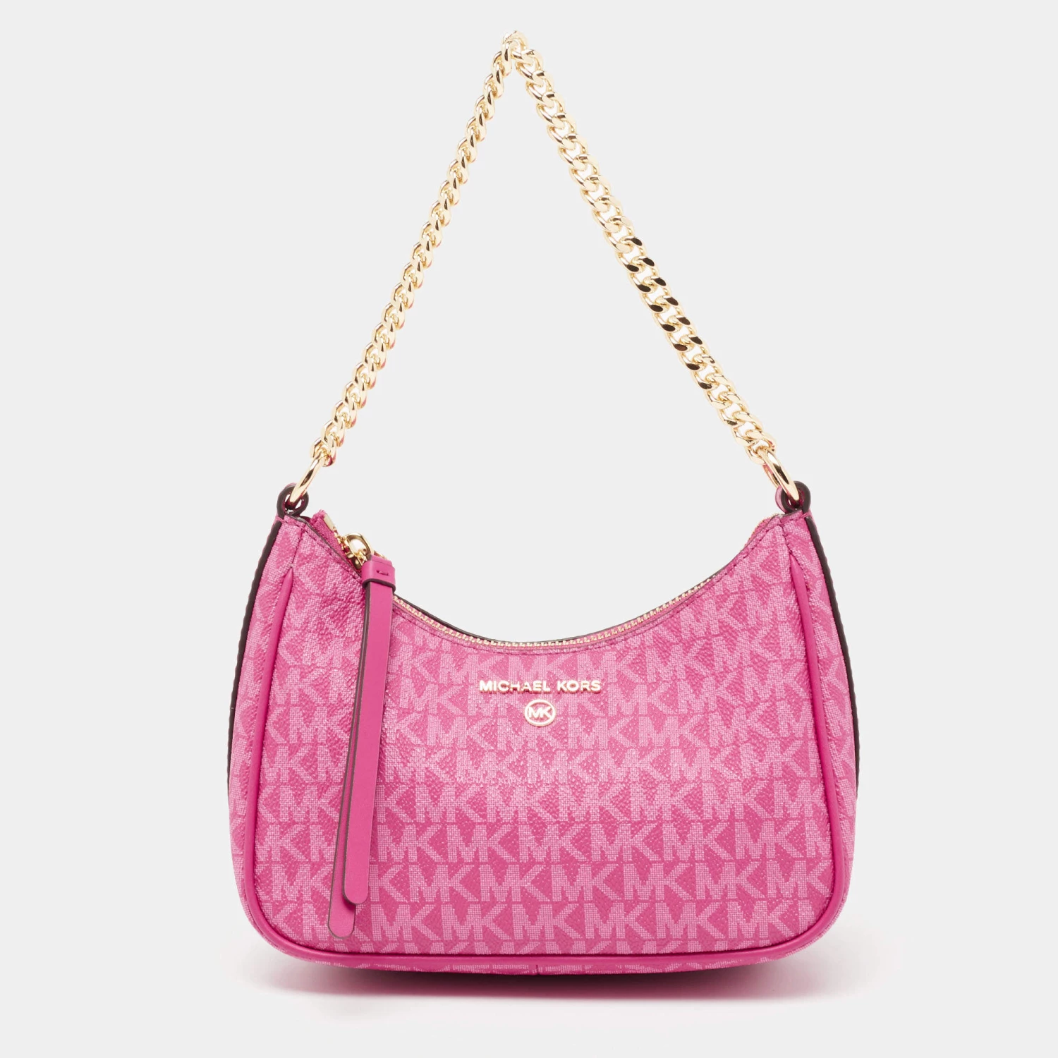 Michael Kors Pink Signature Coated Canvas And Leather Charm Pochette Bag For Women