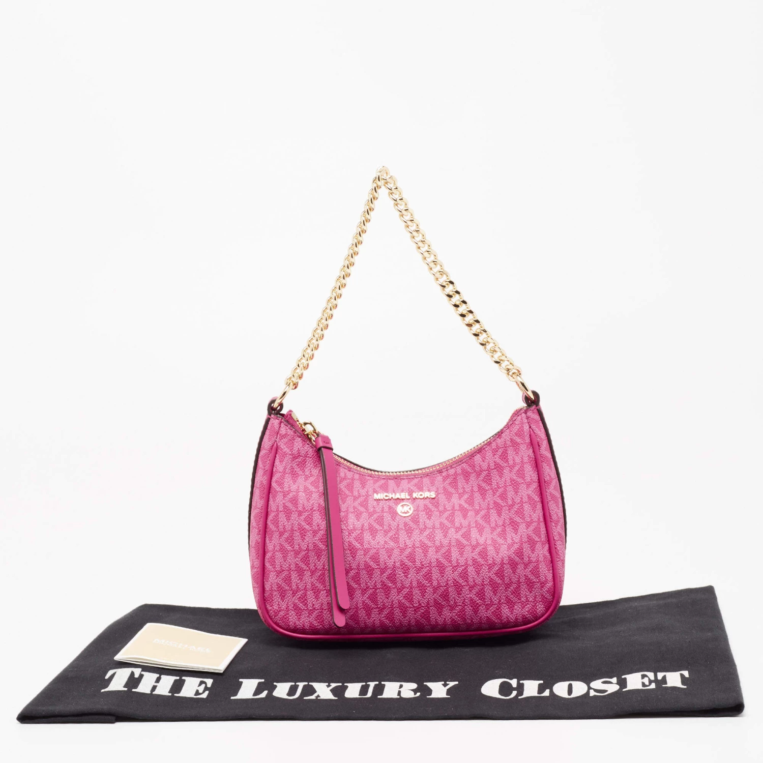 Michael Kors Pink Signature Coated Canvas And Leather Charm Pochette Bag For Women - Image 11