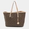 Michael Kors Brown Signature Coated Canvas And Leather Jet Set Shopper Tote For Women