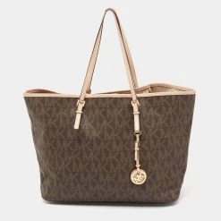 Michael Kors Brown Signature Coated Canvas And Leather Jet Set Shopper Tote For Women